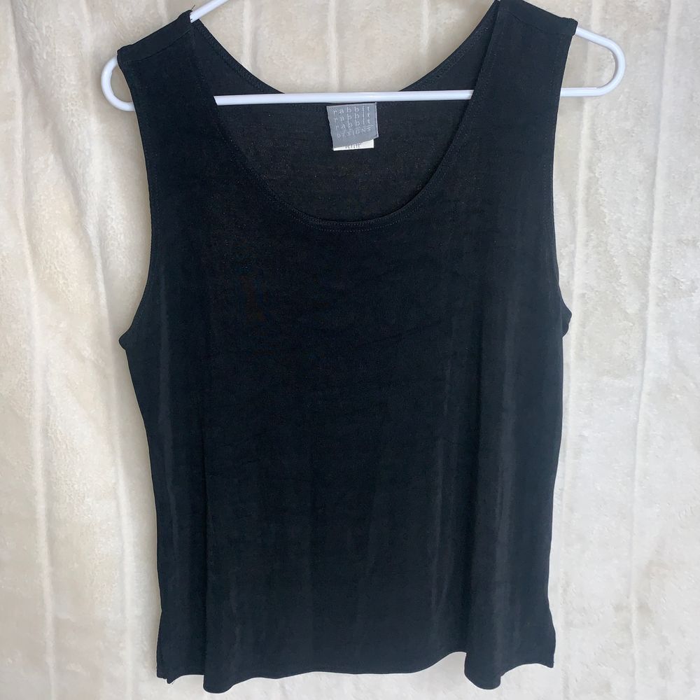 Vtg Rabbit Rabbit Designs Black Soft Knit Tank Top Loose Fit USA Coquette Sz 12P